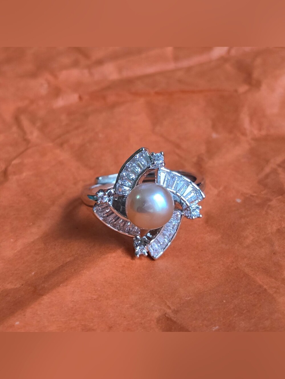 Elegant Freah Water White Pearl and Clear CZ Cocktail Ring in Silver-Tone